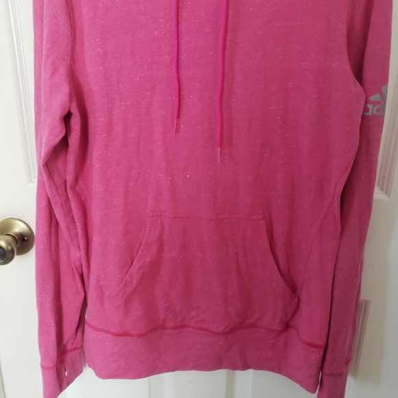 Womens Adidas Pink Hooded Long Sleeve T Shirt Front pocket Adidas logo on sleeve - Picture 3 of 8